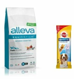 Alleva Equilibrium Sensitive Puppy All Breeds Ocean Fish 12kg + PEDIGREE DentaStix (razza Media) Trattamento Dentale Per Cani 3 Pz. - 77g