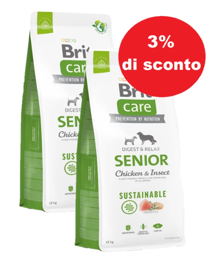 BRIT CARE Care Dog Sustainable Senior Pollo E Insetti 2x12 Kg - 3% Di Sconto In Un Set 3 BRIT CARE Care Dog Sustainable Senior Pollo E Insetti 2x12 Kg - 3% Di Sconto In Un Set