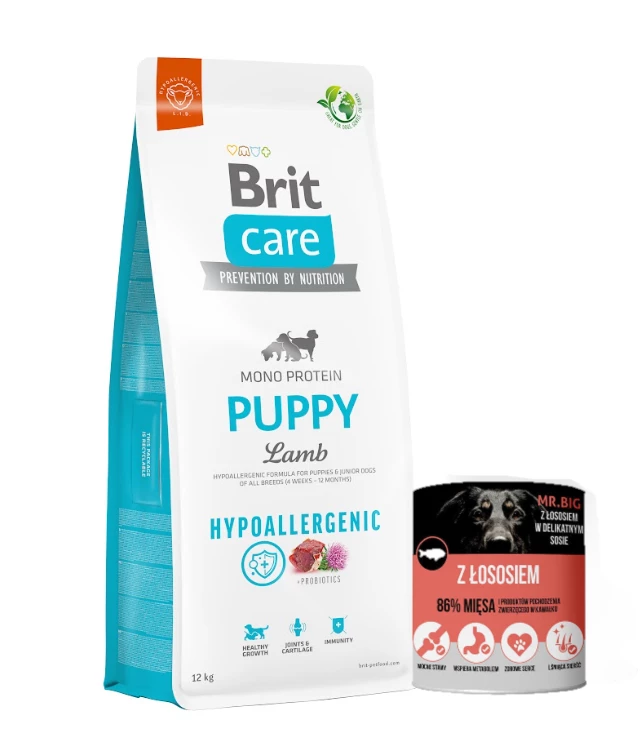 BRIT CARE Hypoallergenic Puppy Agnello 12 Kg + Mr.Big Salmone 400g GRATIS 3 BRIT CARE Hypoallergenic Puppy Agnello 12 Kg + Mr.Big Salmone 400g GRATIS