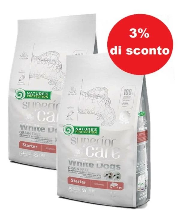 NATURES PROTECTION Superior Care White Dogs Grain Free Salmon Starter All Breeds 2x10kg - 3% Di Sconto In Un Set 3 NATURES PROTECTION Superior Care White Dogs Grain Free Salmon Starter All Breeds 2x10kg - 3% Di Sconto In Un Set