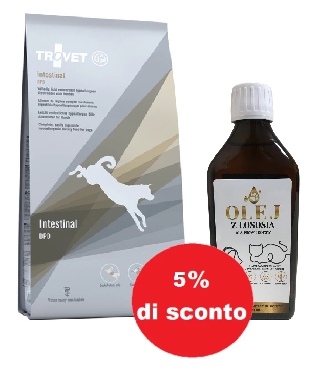 Trovet DPD Intestinal - Anatra E Patate (per Cani) 10kg - Olio Di Salmone 250ml - 5% Di Sconto 3 Trovet DPD Intestinal - Anatra E Patate (per Cani) 10kg - Olio Di Salmone 250ml - 5% Di Sconto
