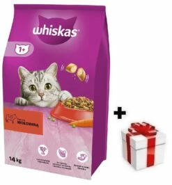WHISKAS Cibo Secco Per Gatti 1+ Con Manzo 14kg + Sorpresa Per Il Cane GRATIS